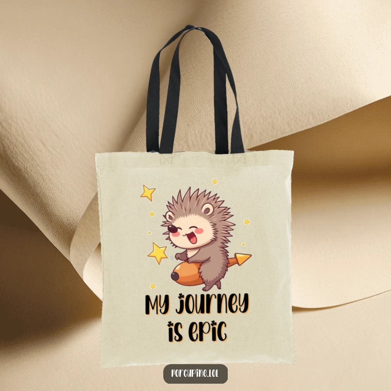 Funny Porcupine Tote Bag: Porcupine giggling while riding a shooting star, perfect for carrying your adventurous finds.