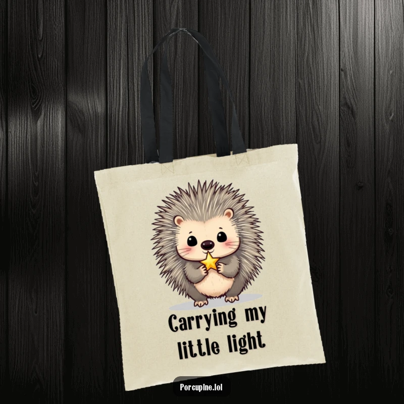 Funny Porcupine Tote Bag: A spacious tote showcasing a porcupine balancing a tiny, shimmering star on its nose with hilarious focus, great for shoppers.
