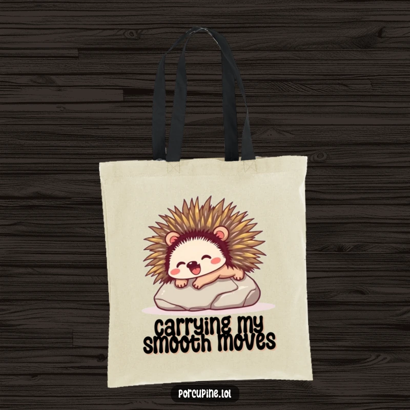 Funny tote bag featuring a porcupine gleefully sliding down a smooth stone, perfect for carrying daily items with a touch of humor.