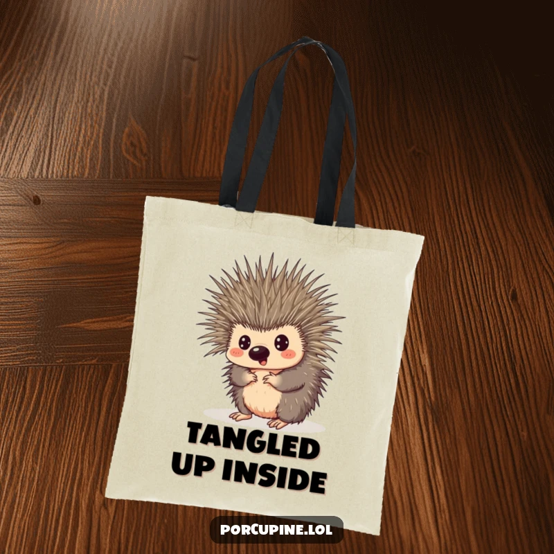 Funny tote bag depicting a porcupine comically tangled in its own quills, looking surprised, perfect for carrying life's 'stuff'.