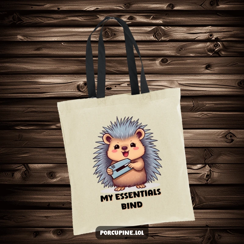 Funny tote bag design of a porcupine triumphantly holding a miniature stapler, suitable for office or everyday use.