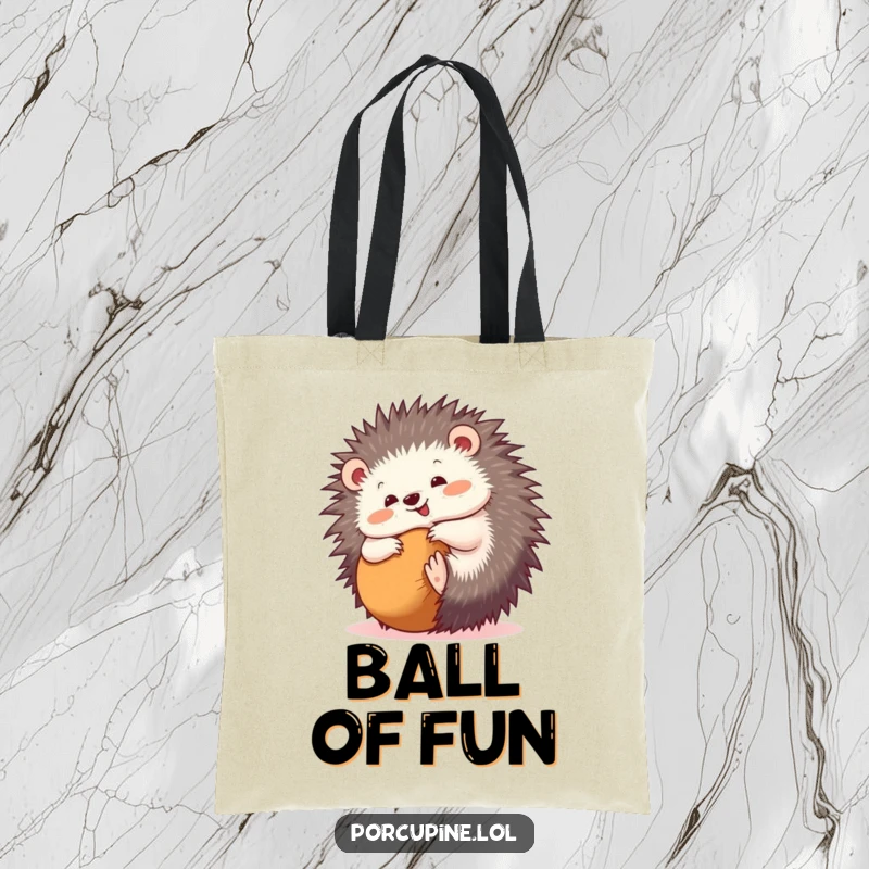 Funny tote bag illustrating a porcupine playfully rolling into a ball with a contented smile, perfect for daily use.