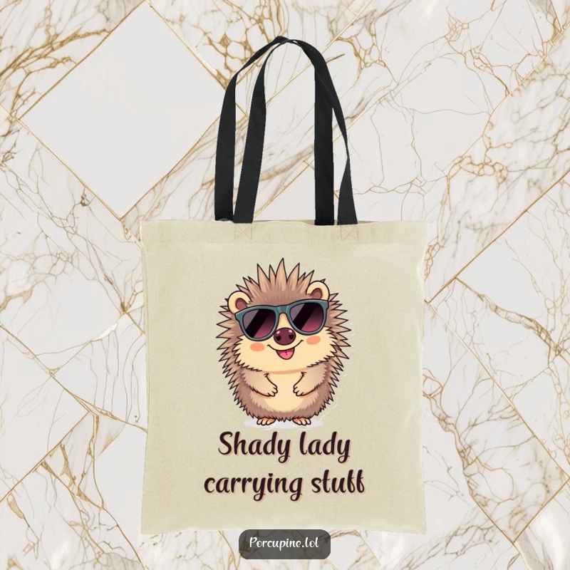 Funny sunglasses porcupine tote bag featuring a smiling porcupine wearing oversized sunglasses, perfect for carrying everyday items with style.