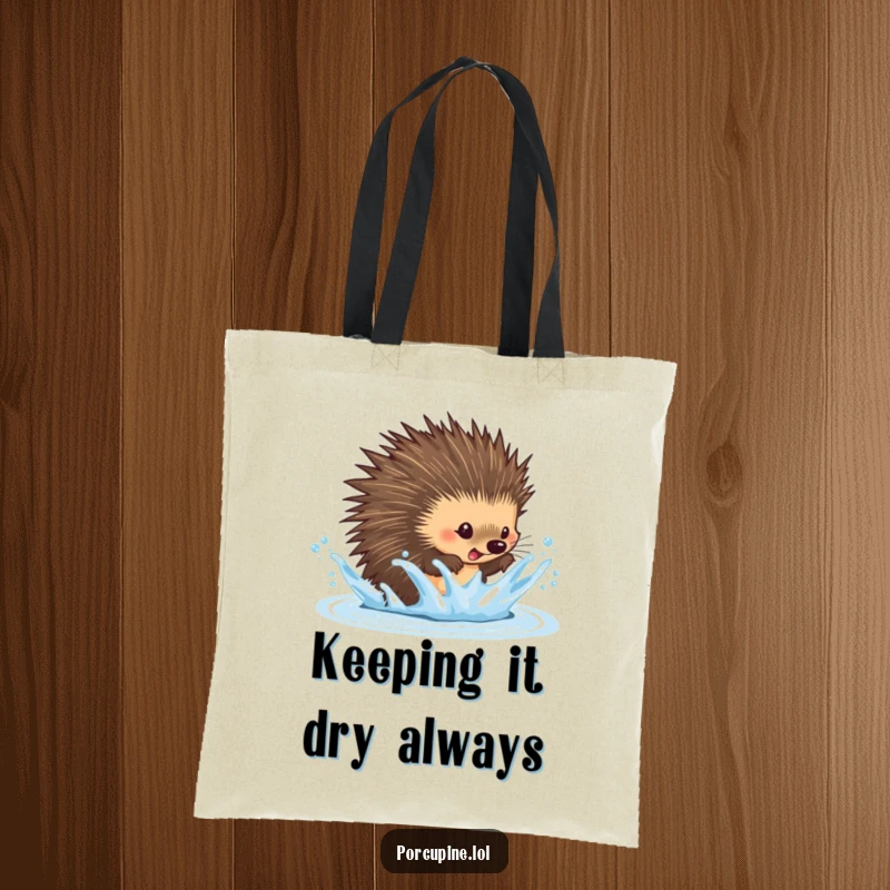 Funny dodging porcupine tote bag showing a porcupine playfully evading a water splash, perfect for carrying daily items with a humorous flair.