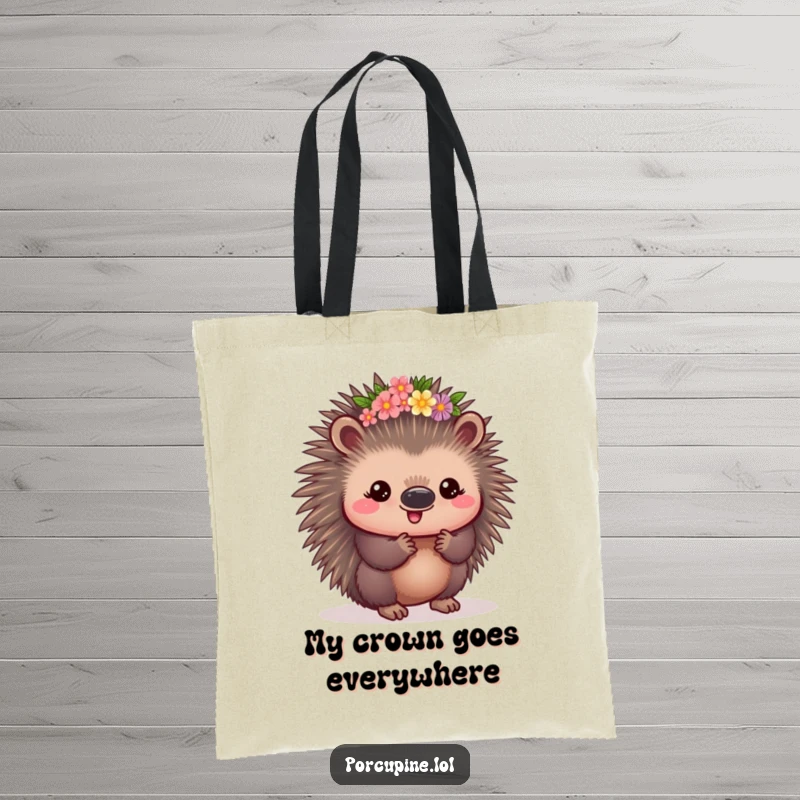Funny Kawaii Porcupine Tote Bag: A proud porcupine wearing a flower crown, carrying essentials with a pleased expression and prickly cuteness.