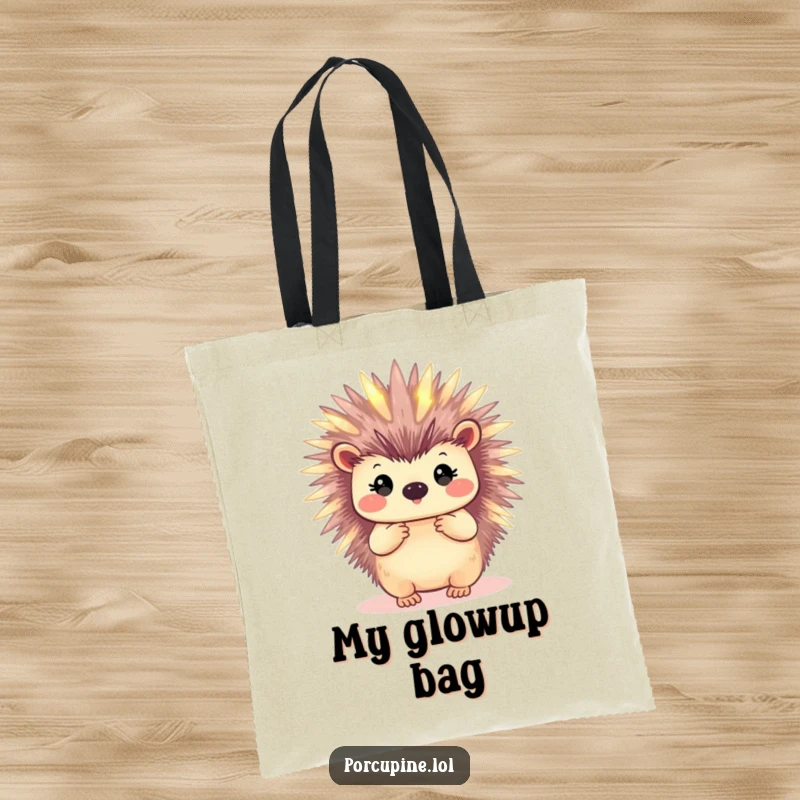 Funny tote bag depicting a porcupine with subtly glowing quills, perfect for adding a touch of magic and humor to errands.