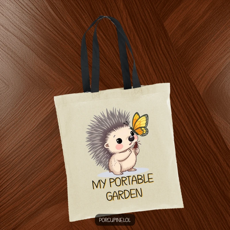 Funny tote bag featuring a porcupine observing with intrigue as a butterfly lands softly on its quill.