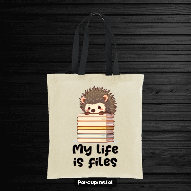 Funny tote bag with a porcupine peeking over a huge stack of files, ideal for carrying work items with humor.