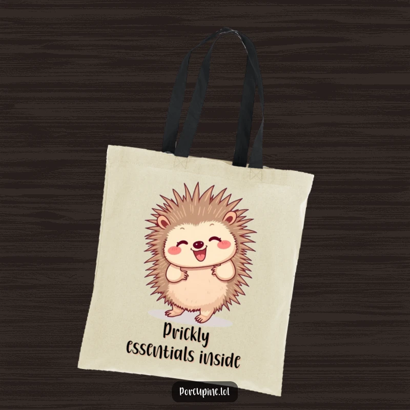 Funny tote bag featuring a porcupine doing a happy little dance, quills wiggling energetically, perfect for carrying essentials with a dash of humor.