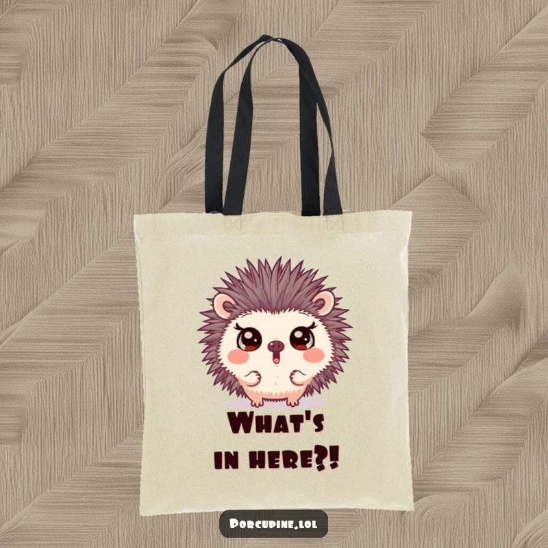Funny tote bag featuring a porcupine making a surprising face with wide eyes, perfect for carrying essentials with a humorous and attention-grabbing touch.